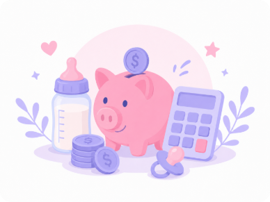 Piggy bank calculator and baby bottle for first-year costs