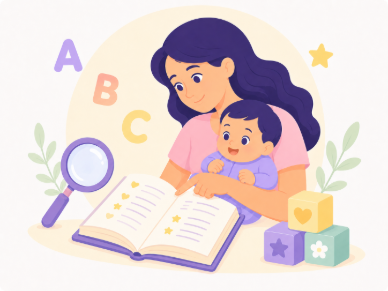 Mother and baby exploring a baby names book