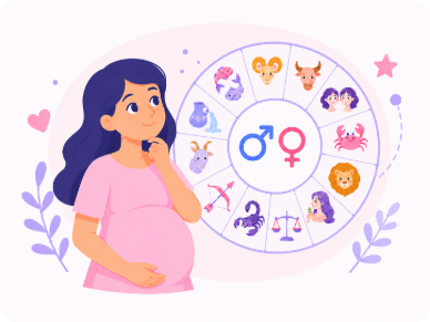 Pregnant woman with zodiac wheel and baby gender symbols