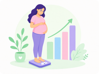 Pregnant woman on scale with weight gain chart