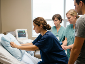 Natural birth in hospital with doctors
