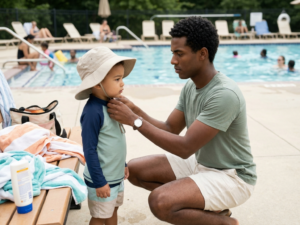 Selecting swimwear and sun-protective clothing for children